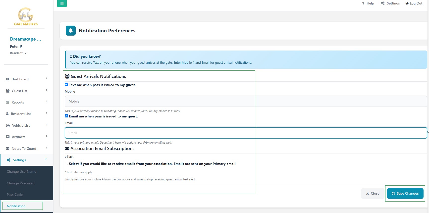 Resident Notification Settings