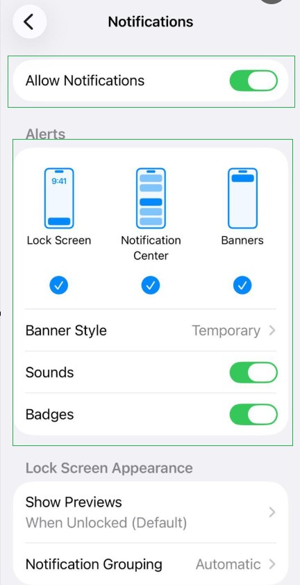 Notification settings iPhone